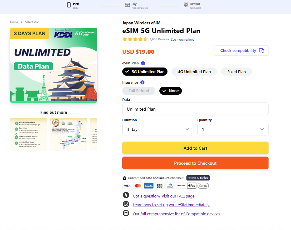 See our plan options on the Japan Wireless eSIM Choose Plan page.