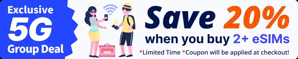 KDDI coupon banner — 20% OFF 2+ eSIMs